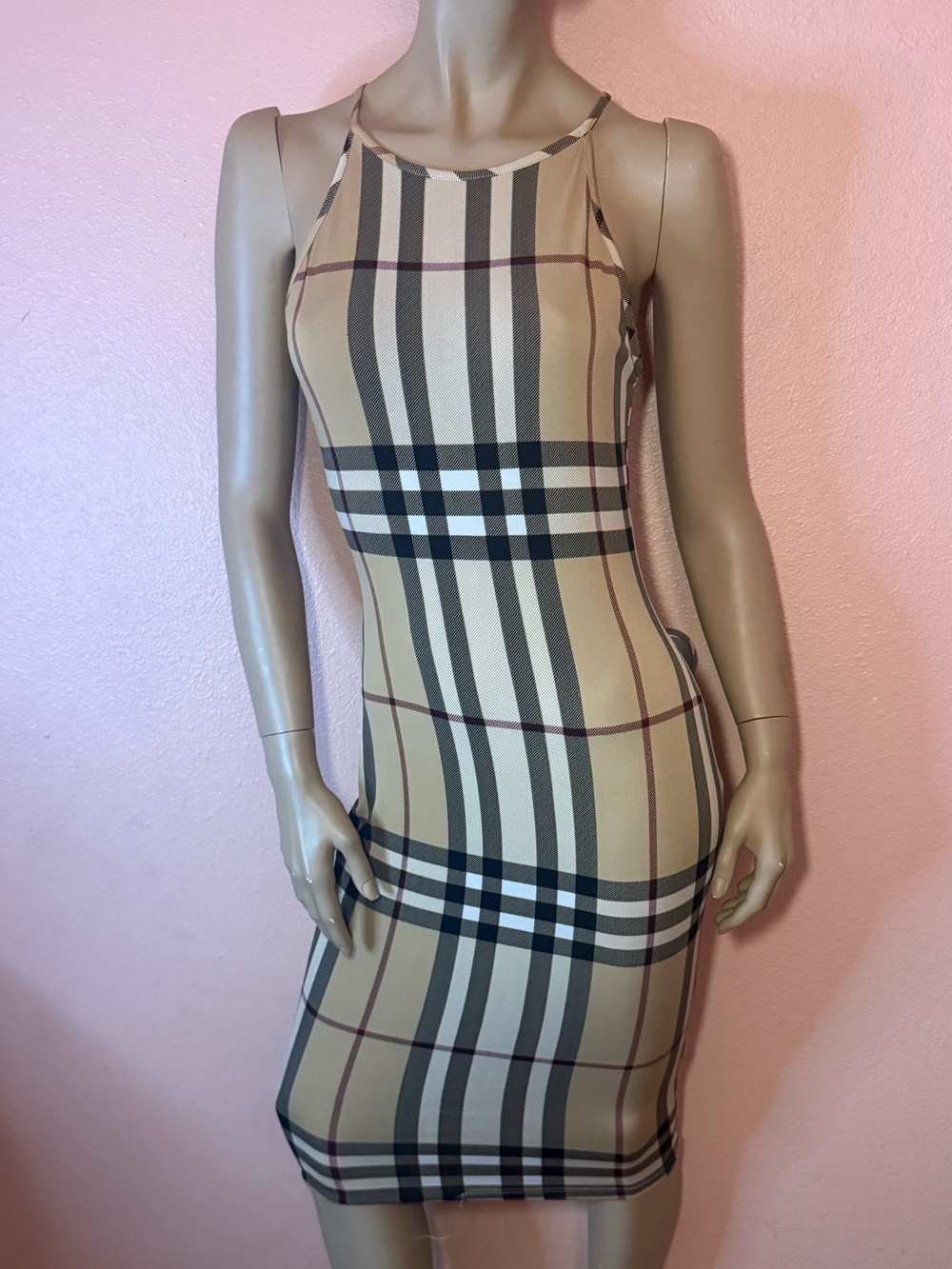 Lovely Day Beige Plaid Bodycon Midi Dress Size Medium